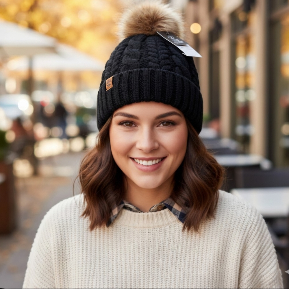 NWT Timberland Heavy Knit Pom-Pom Fur Lined Beanie Hat